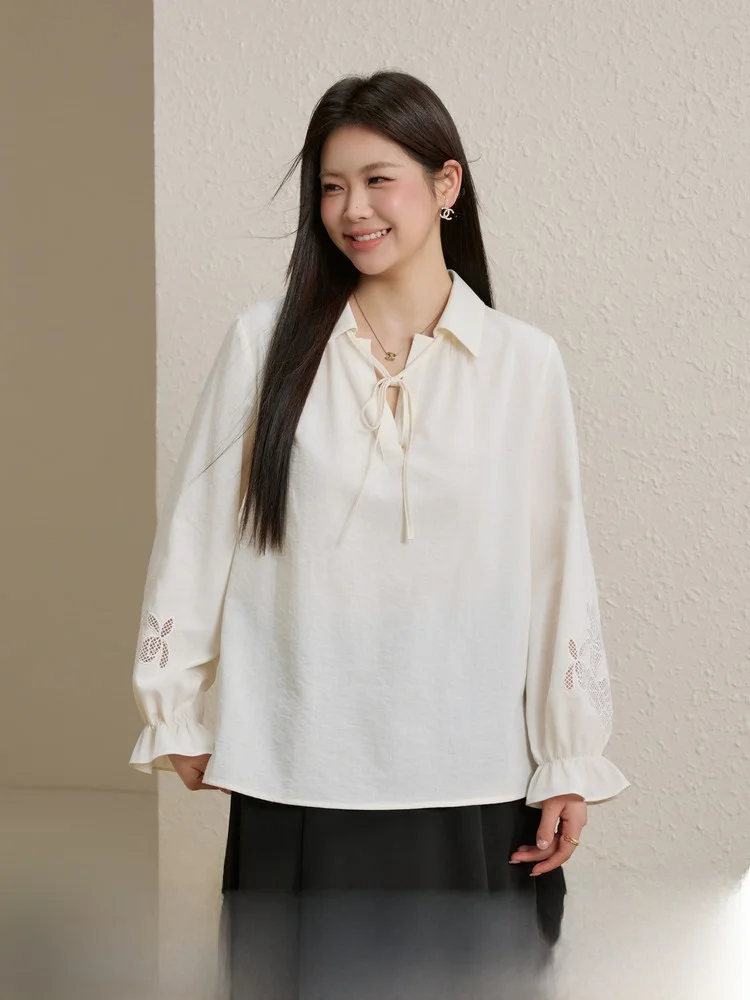 

Новая женская блузка больших размеров с вышивкой и вырезами, весенняя, с длинным рукавом, в корейском стиле, приталенная, для офиса