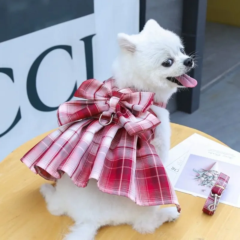 

Reusable with Leash Traction Dog Plaid JK Dress Thin Dacron Pet Harness Skirt Adjustable Washable Dog Bow Skirt Rabbit