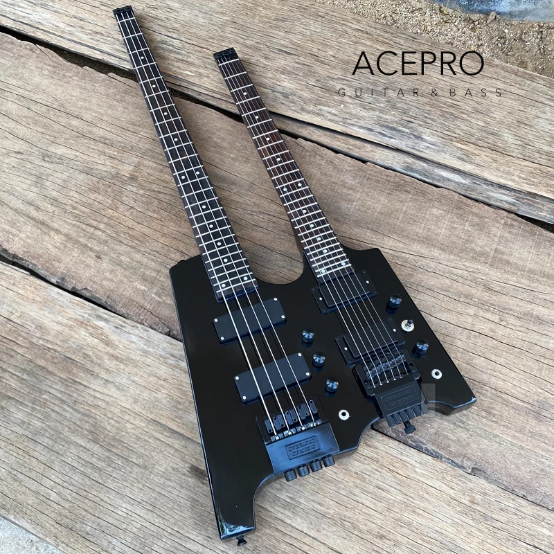 In Stock Double Neck Headless Electric Guitar Black 4 String Bass on top + 6 String Guitarra Tremolo Bridge, 24F Black Hardware