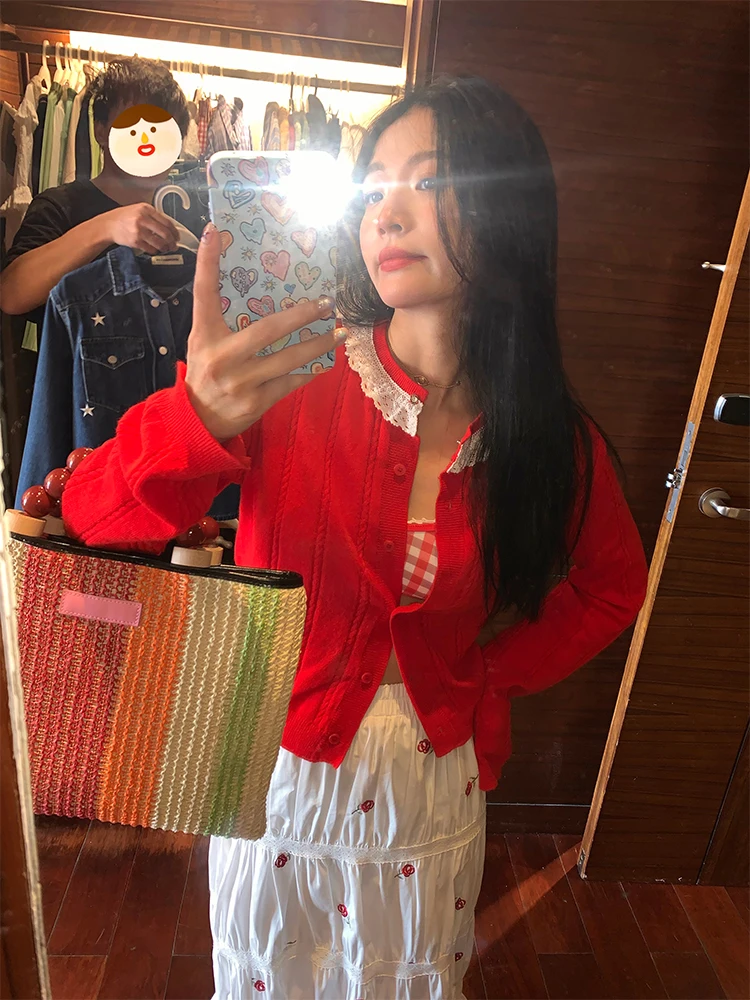 Suéter de punto de lana  para mujer, moda de primavera, Top de talla pequeña, empalme de encaje, abrigo corto de manga la...