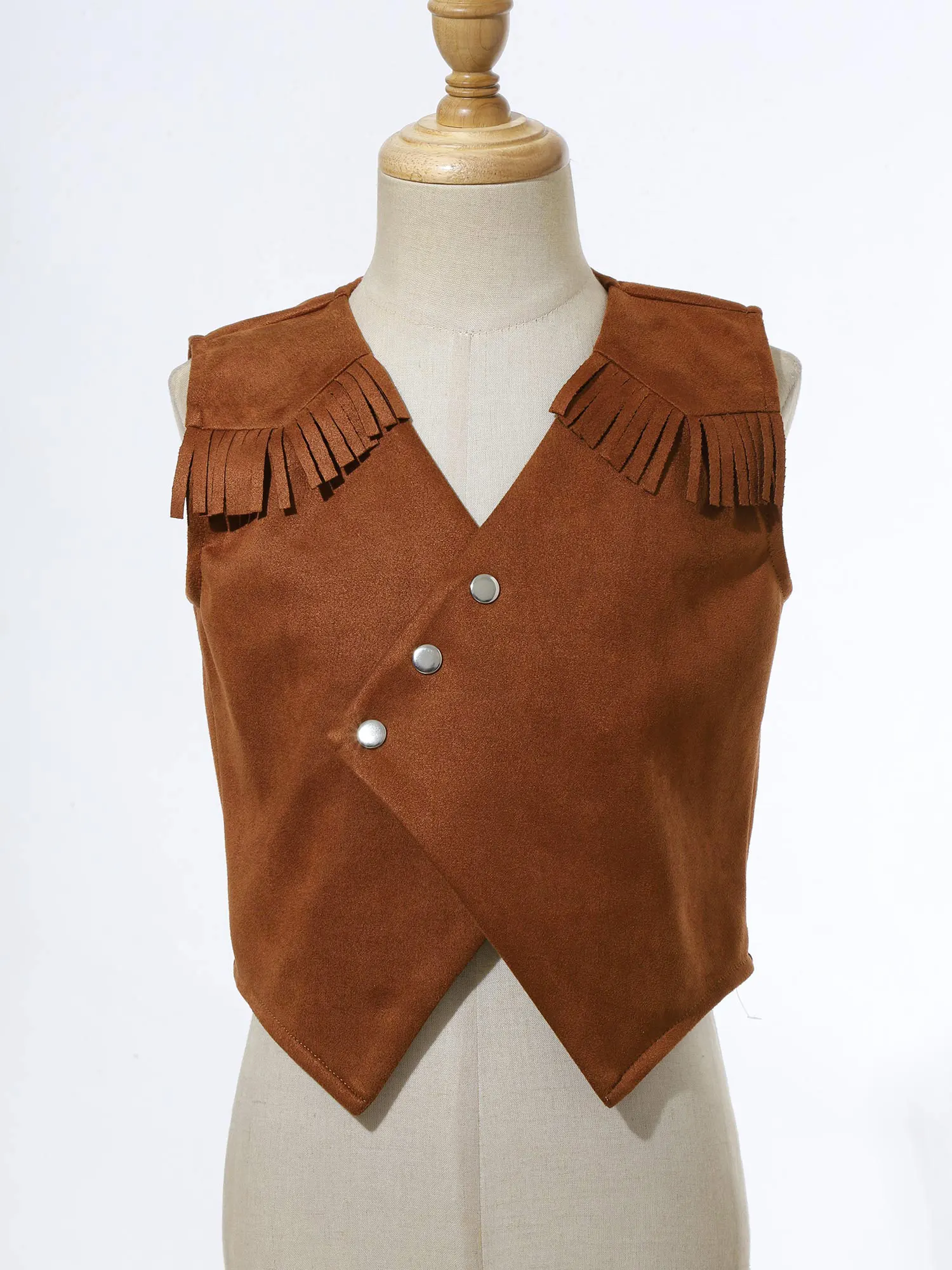 Brown Kids Boys Western Cowboy Cosplay Costume Pointed Hem Press Buttons Fringe Tassels Vest for Theme Party Performance