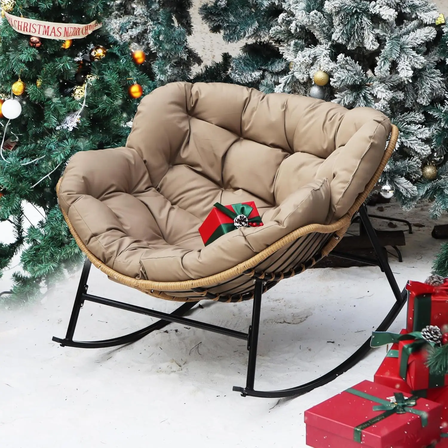Indoor Outdoor Rocking Chair with Cushion, Oversized Patio Papasan Rocking Chair, All Weather Wicker Egg Royal Rocking Chair