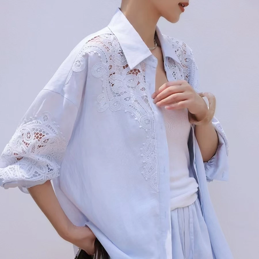 Camicette lunghe oversize in cotone 100% con perforazione a caldo con diamanti di design di marca di lusso per top cardigan a maniche lunghe autunnale da donna