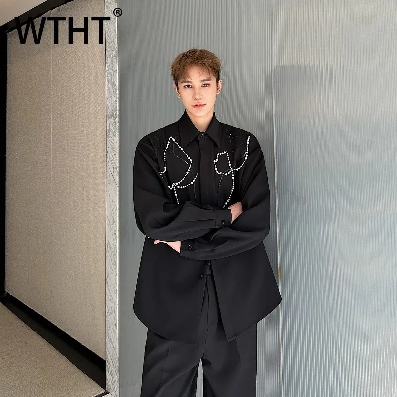 

WTHT Fashion 2025 Summer Men's Spliced Beads Design Casual Shirts Trendy Loose Long Sleeves Single Breasted Tops Male 2A1149