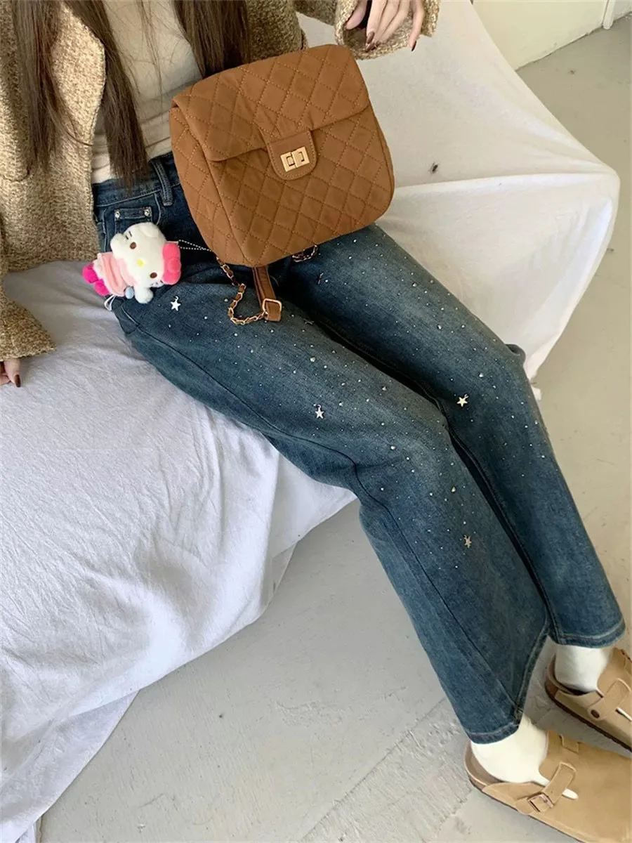 

Girls Jeans Woman Embroidered Lace Up Pearl Beaded Ruffles Artistic Feminine Unique Fashion Aesthetic Chic Comfortable Soft