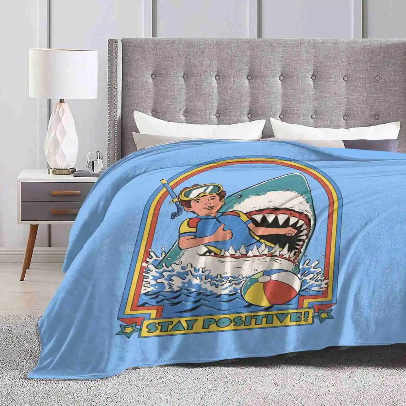 Stay Positive Shaggy Throw Soft Warm Blanket Sofa/Bed/Travel Love Gifts Shark Funny Nostalgia 80S 70S Retro Vintage Activities