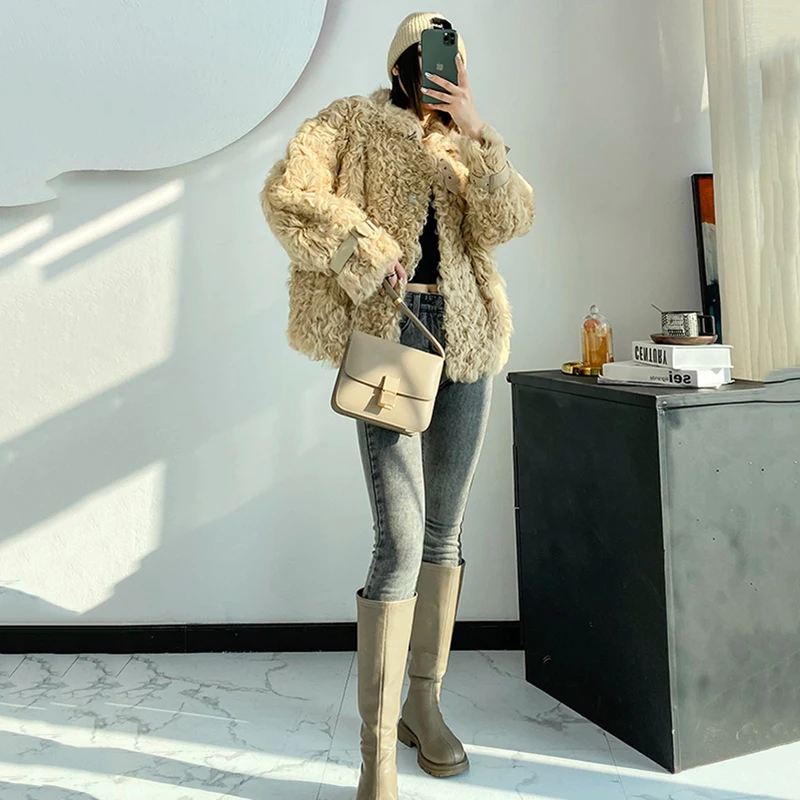 100% Real Lambs Wool Fur Coat Women Winter Jacket Real Sheep Skin Fur One Coat High Grade Wool Fur Jacket Ladies Short معطف فراء