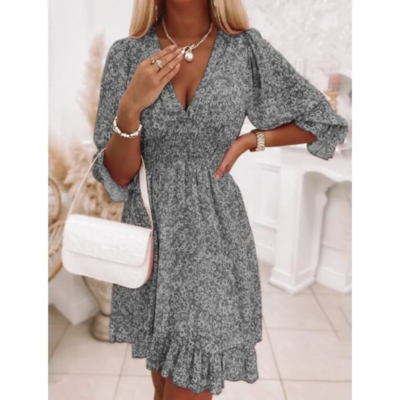 Women Summer Fashion Bohemian Dresses 2025 Summer Waist Pullover Deep V Neck Beach Dress Printed Short Sleeve Floral Vestidos