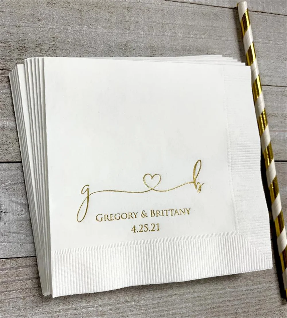 50PCS Personalized Wedding Napkins Personalized Heart Connected Monogram Wedding Napkins Custom Bar Napkins Reception