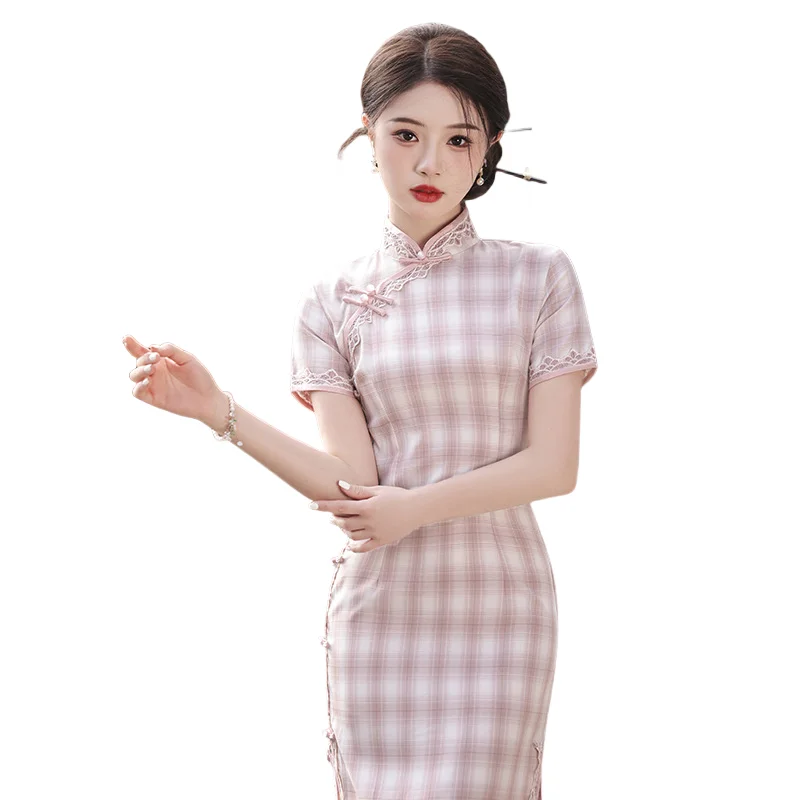 Pink Grid Cheongsam Chinese Traditional Clothing Retro Costume Stand Collar Short Sleeved Side Slit Slim Fit Dress for Women