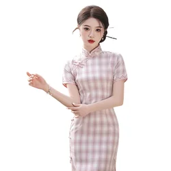 Pink Grid Cheongsam Chinese Traditional Clothing Retro Costume Stand Collar Short Sleeved Side Slit Slim Fit Dress for Women