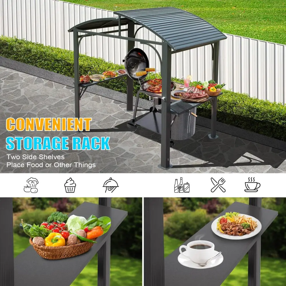 Arc Roof, Grill Canopy for Outdoor Grill w/Double Galvanized Steel Roof and 2 Side Shelves, BBQ Gazebo Grill Tent for Patio