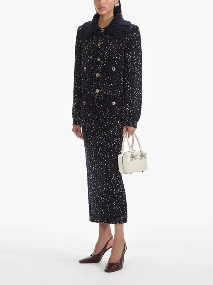 Woman clothing y2k fall and winter lapel floral knit Women coat2024 elastic waist wrap hip midi dresses two piece set for women