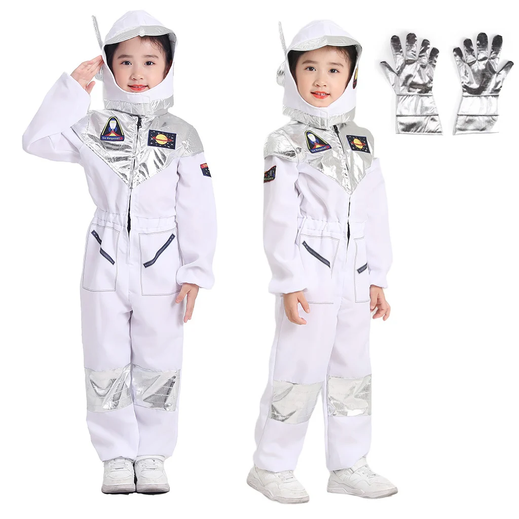 

Kids Astronaut Costume Space Suit for Boys Girls Halloween Cosplay Party Role Play Outfit Children Pilot Jumpsuit