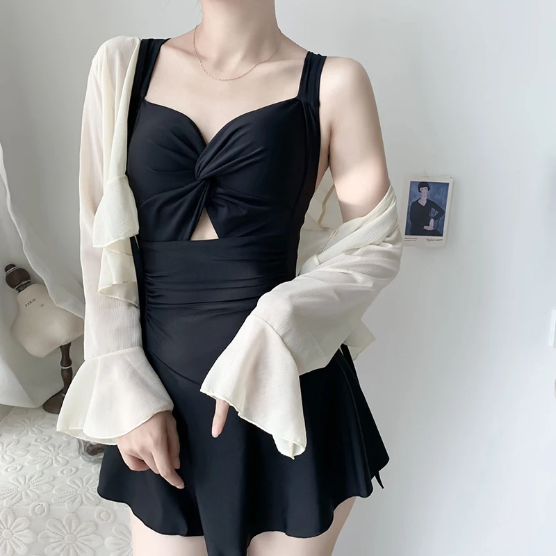 여성용 패치워크 비치 원피스, 커버업 수영복, 보수적인 비키니, 한국 스타일, 섹시한 투피스 수영복
