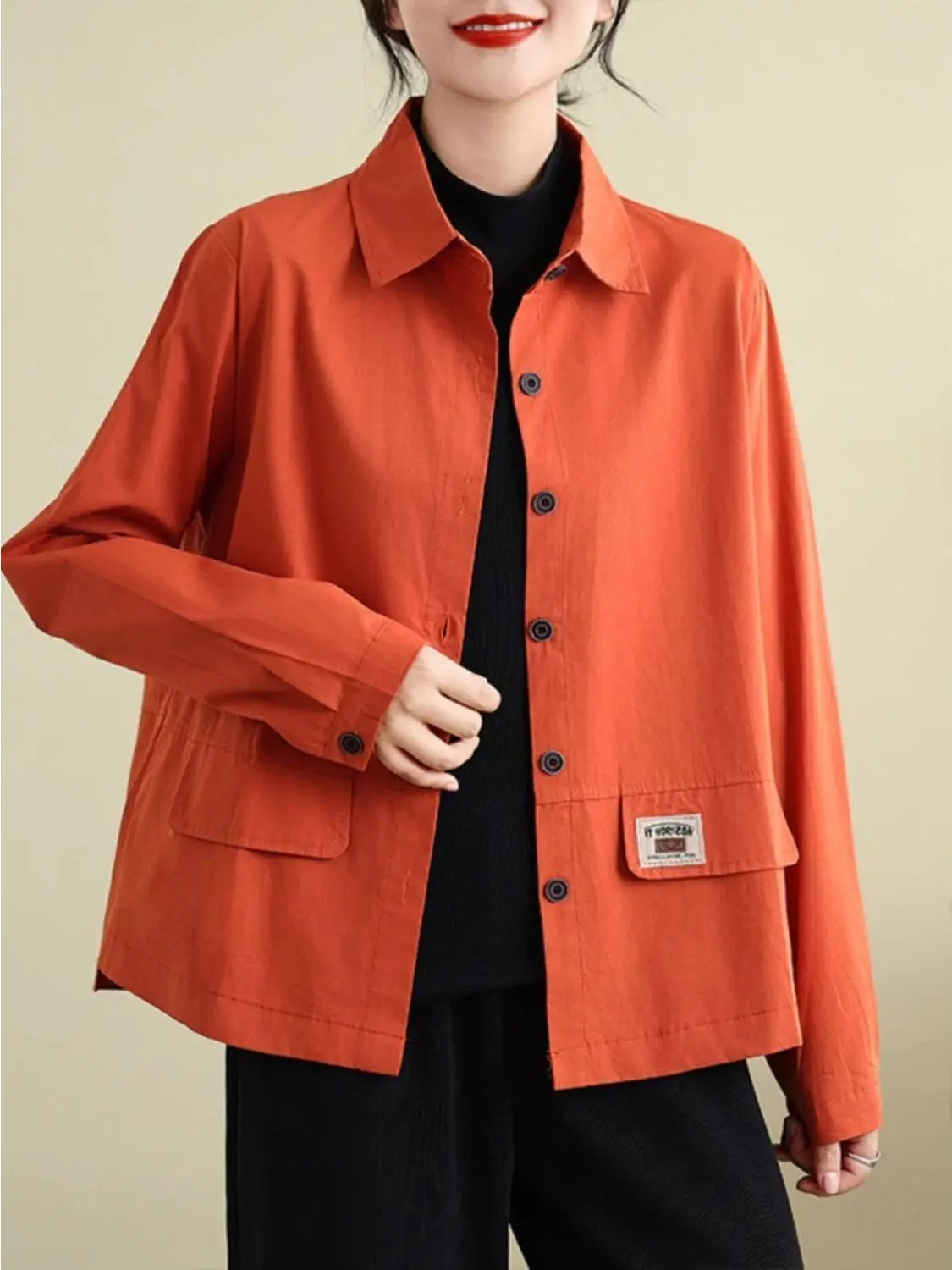 Casual Short Women's Jacket 2026 Spring Autumn New Korean Loose Large Size Pure Color Shirt Thin Top Polyester Fabric Button ...