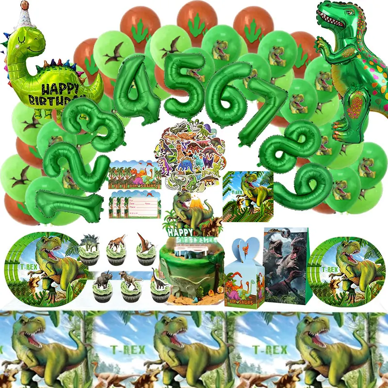 Green Dinosaur Decoration Birthday Latex Ballon Paper Plate Cup Napkin Box Bag Tablecloth Jurassic World Park Party Supplies Kit