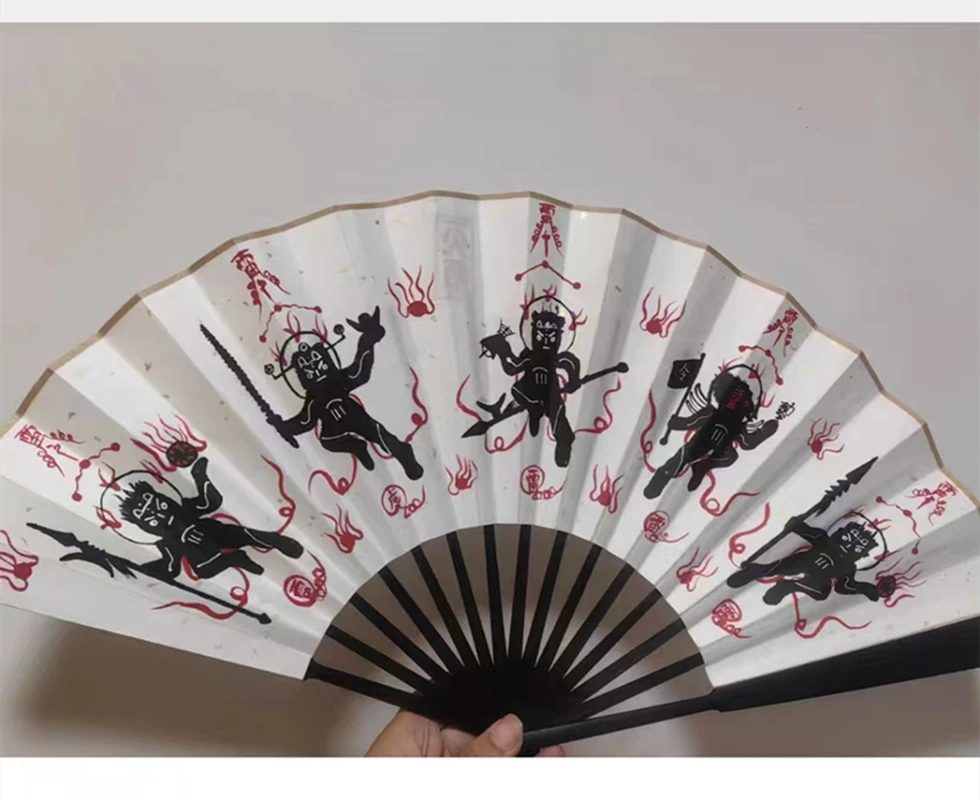 True line diagram, hand drawn, traditional handmade folding fan, five thunder and five path fan, auspicious