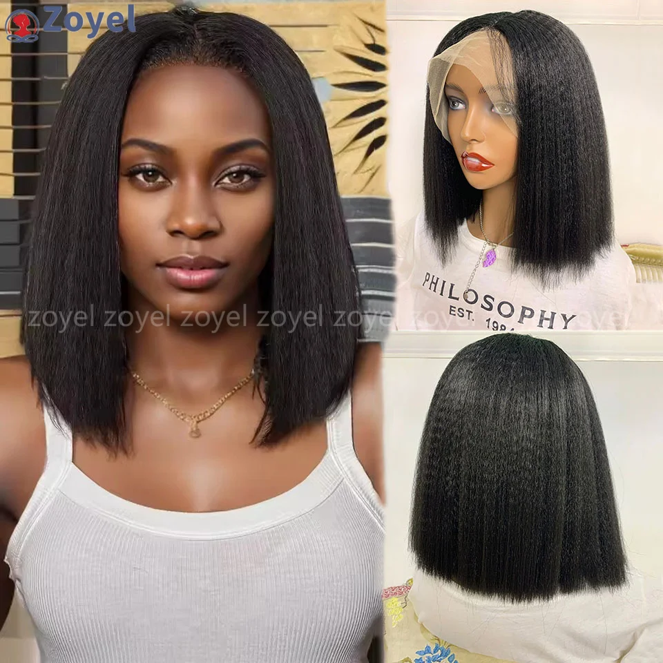 

Glueless Short Yaki Straight Bob Wig Pre Cut Pre Bleached 13x4 Glueless Lace Front Wigs Heat Fiber Hair Cosplay Daily Wear Wigs