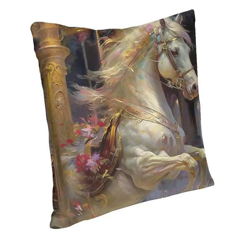 White Carousel Horse Art Square Pillow Case Decoration Amusement Park Cushion Cover Throw Pillow for Sofa Double-sided Printing