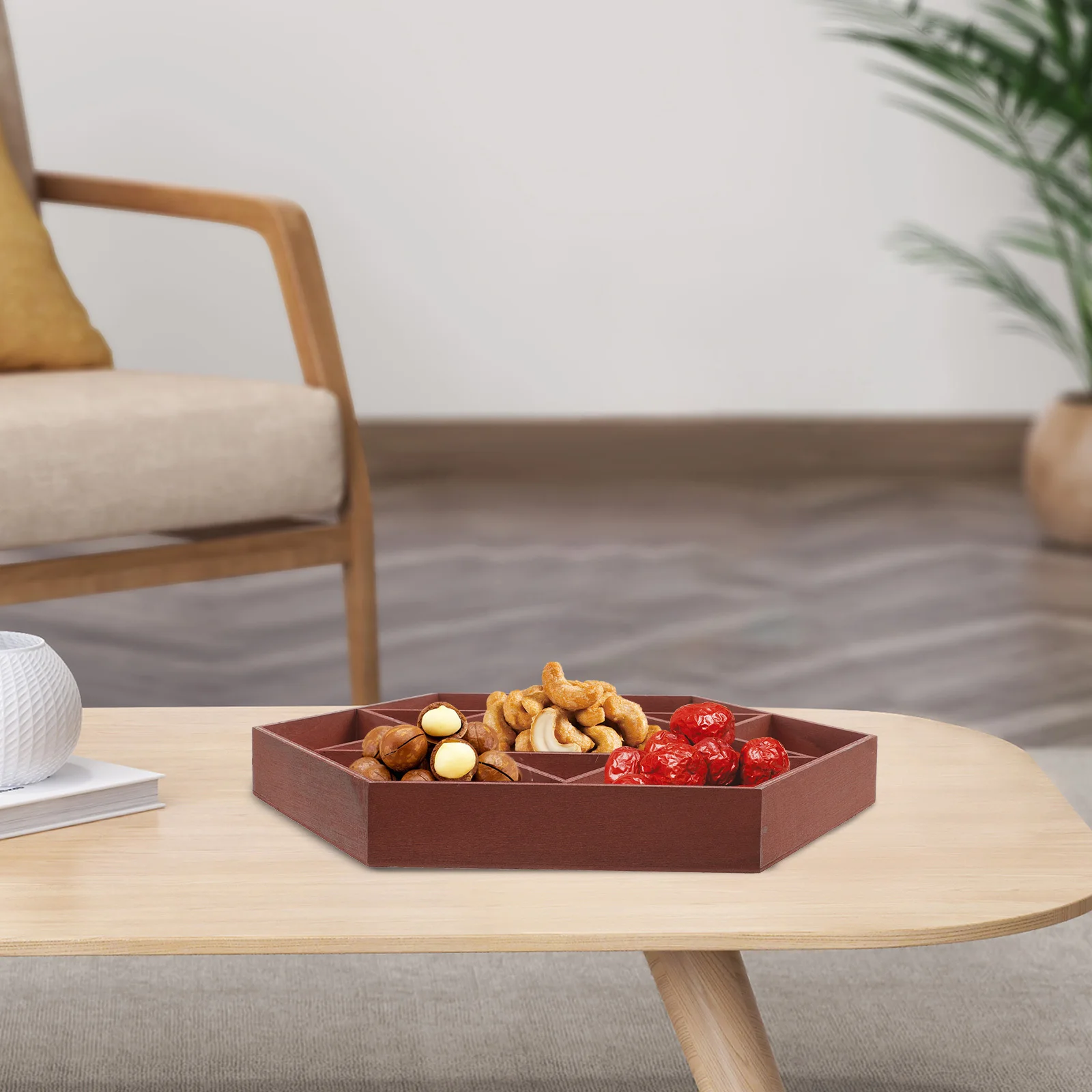 

Compartment Dry Fruit Tray Wooden Snack Candy Serving Case Table Storage Box for Home Picnic Dried Fruit Plate