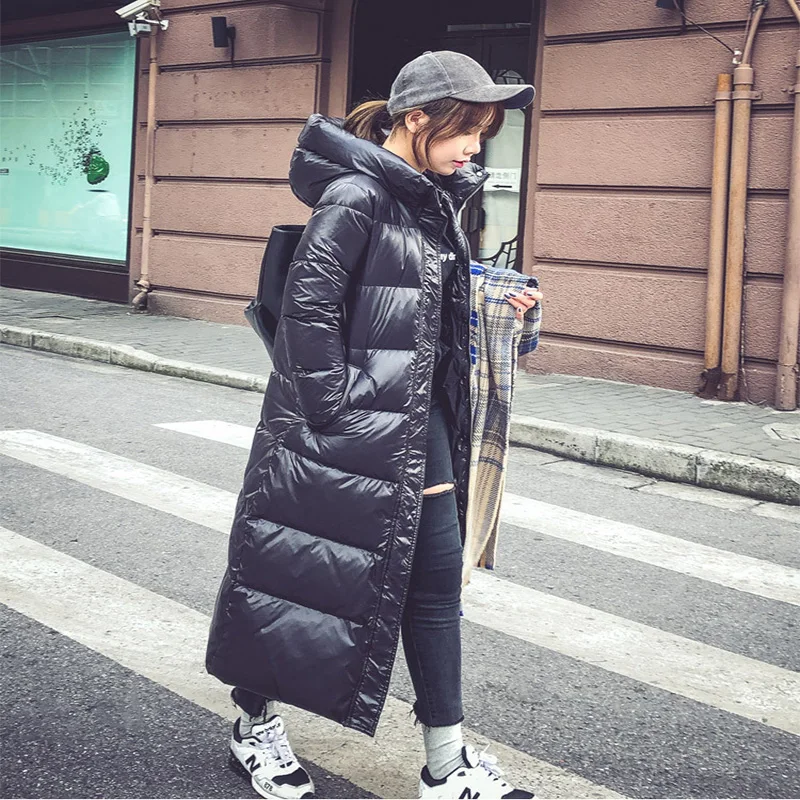 Chaqueta de plumón de pato blanco con capucha gruesa coreana para mujer, abrigo cálido hasta la rodilla, medio largo, moda de otoño e invierno