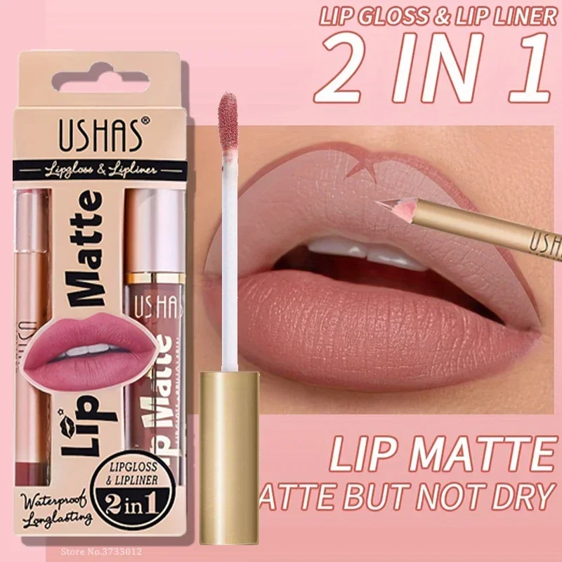 USHAS 12-Farben-Lipliner + Lippenstift-Set, einfach zu färbender, mattierter Lippenstift, langlebiger nackter roter Lippenstift, langanhaltendes Kosmetik-Make-up