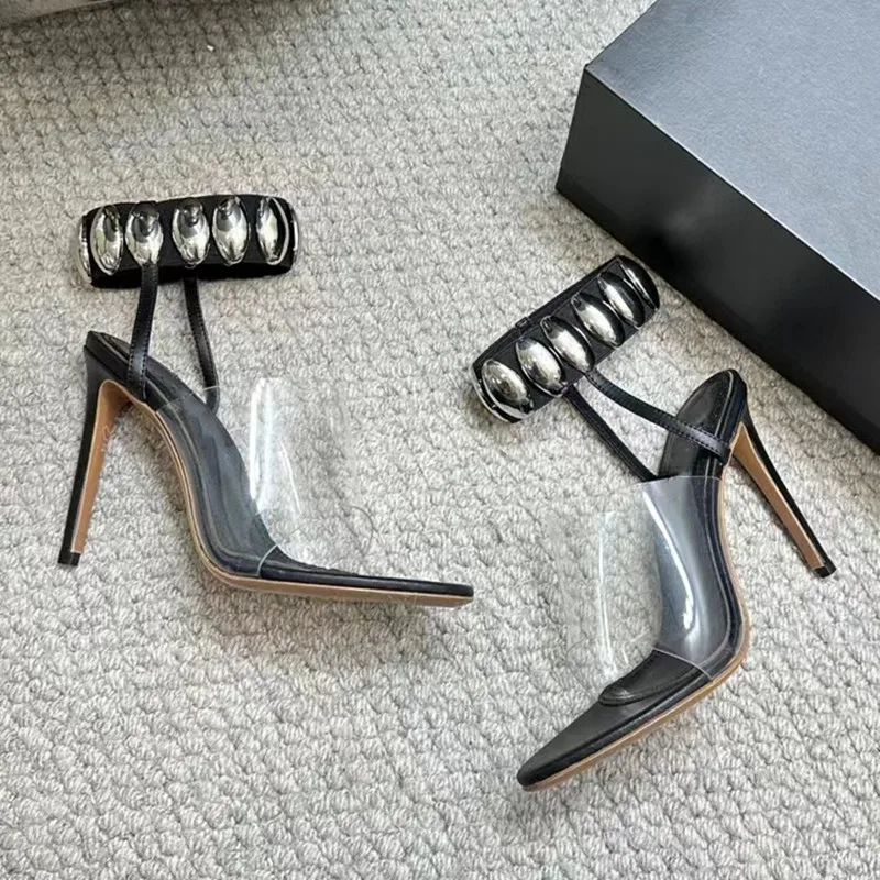 Letnie nowe modne przezroczyste sandały damskie z PVC z cekinami bransoletka na kostkę szpilki Stiletto gladiatorki Sandalias buty