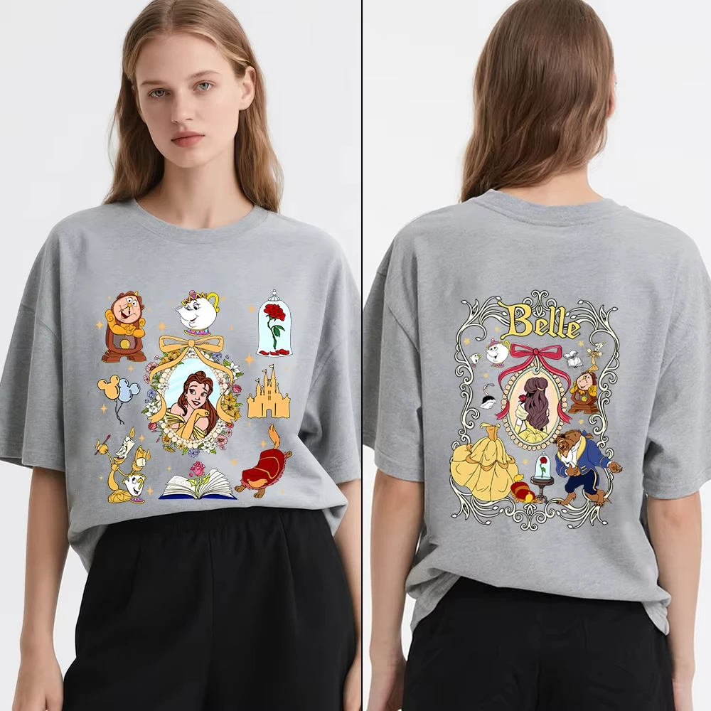 تي شيرت ديزني بيوتي آند ذا بيست بيل مطبوع للنساء كاجوال مريح للارتداء اليومي تي شيرت ناعم ملابس أطفال بنات #3