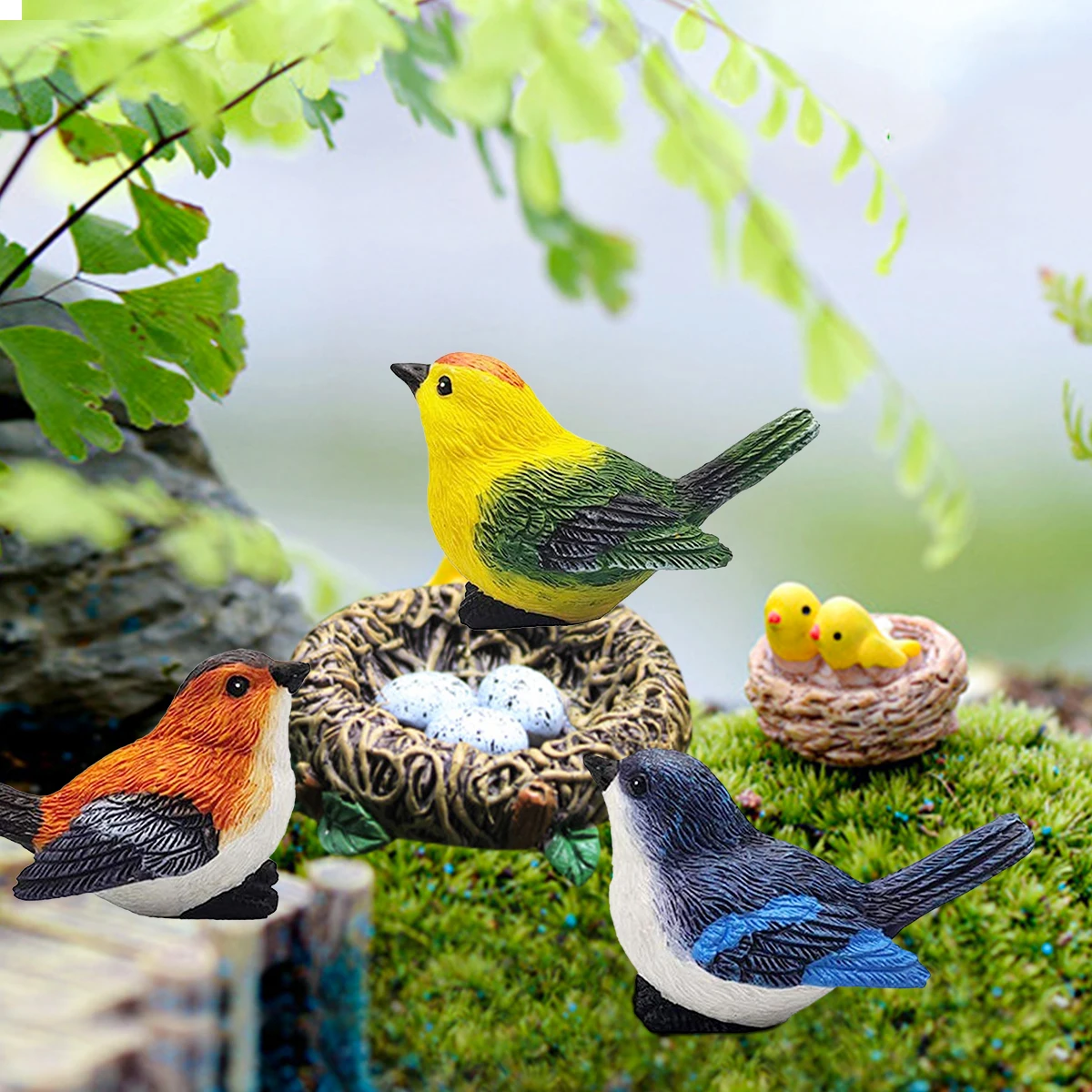 

Resin Bird Simulation Figurine Animal Model Cute Artificial Garden Statue Birds Nest Miniature Landscape Bonsai Decoration