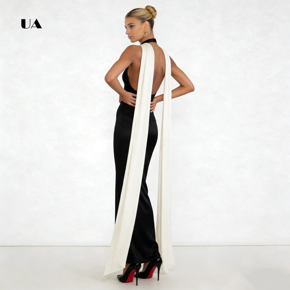 Sukienka balowa ULBYANRY, satynowa, prosta, z dekoltem typu halter, gładka, drapowana, bez rękawów, wieczorowa, dla kobiet, z odkrytymi plecami, szyta na miarę suknia na przyjęcie.