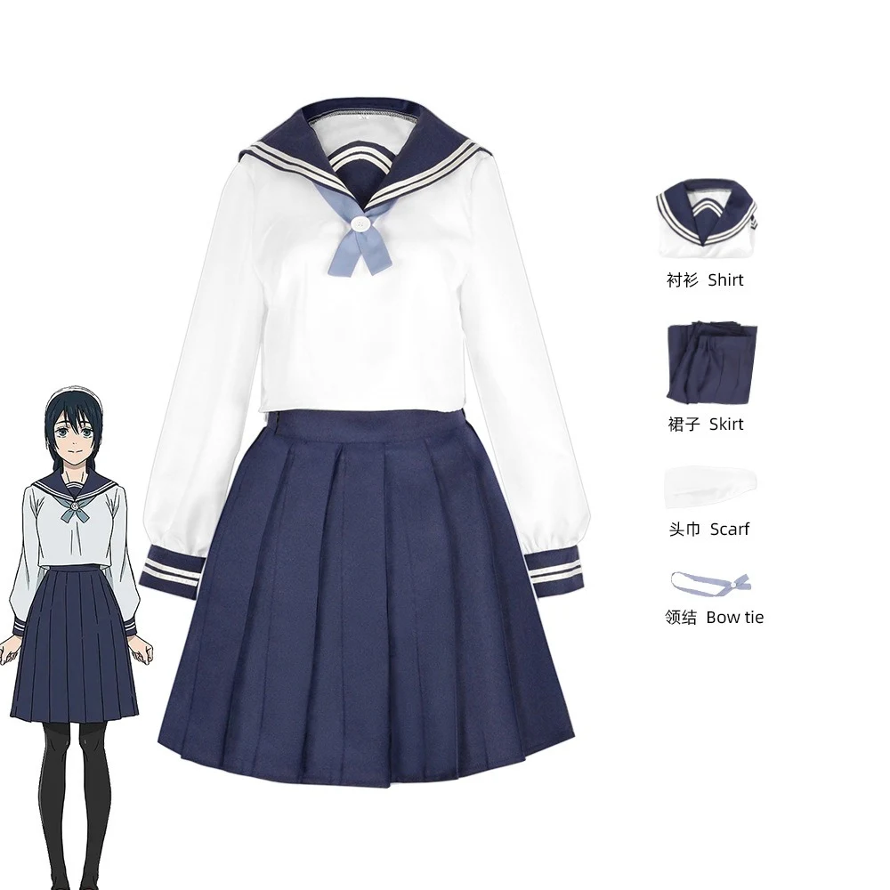 

Amanai Riko Cosplay Costume Jujutsu Kaisen Riko Japanese Sailor Uniform White Long-Sleeve Blouse with Navy Blue Pleated Skirt