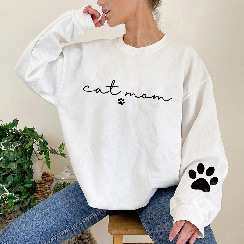 Cat Mom Print Sweatshirts, Cat Paw Sweatshirts, Long Sleeves Crew Neck, Funny Cats Pullovers, Women Oversized Sweatshirts