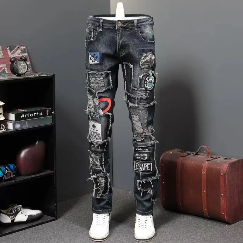

Spring Autumn Men's Slim Fit Straight Leg Denim Jeans Embroidered Badge Elastic Hole Patch Personality Long Trousers