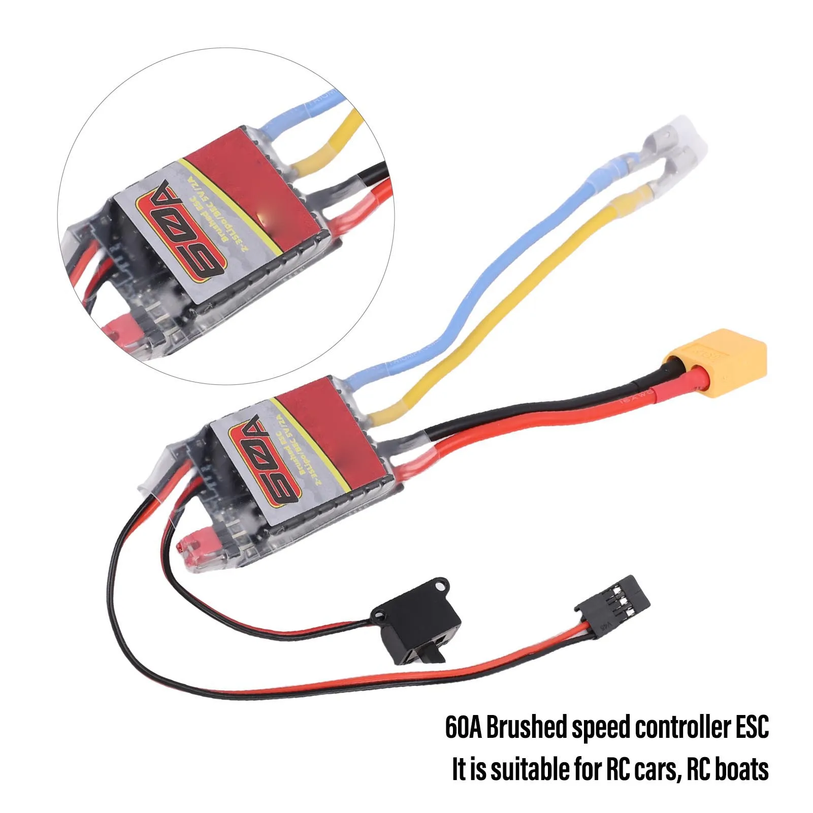 وحدة تحكم سرعة كهربائية 60 أمبير للسيارات والقوارب التي تعمل بالتحكم عن بعد، مناسبة للمحركات الكهربائية 380 390 540 550، 2-3S مع قابس XT60