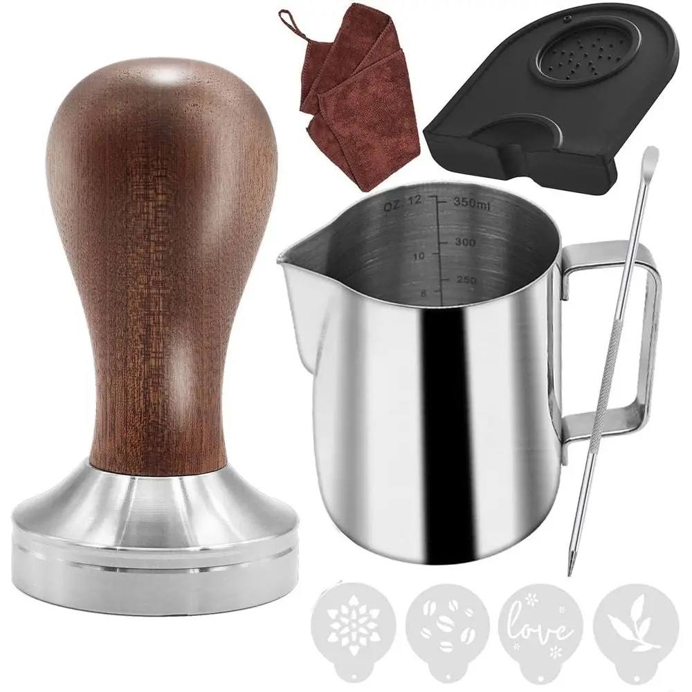 

Professional Coffee Tamper Kit with Wooden Tamper, Tamper Mat, 350ml Pitcher, Barista Towel, Latte Art Pen, and Decorative Stenc