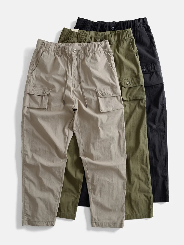 

Spring Summer Thin Elastic Waist Loose Fit Straight Leg Multiple kets Men's Casual Long Trousers Workwear Pants