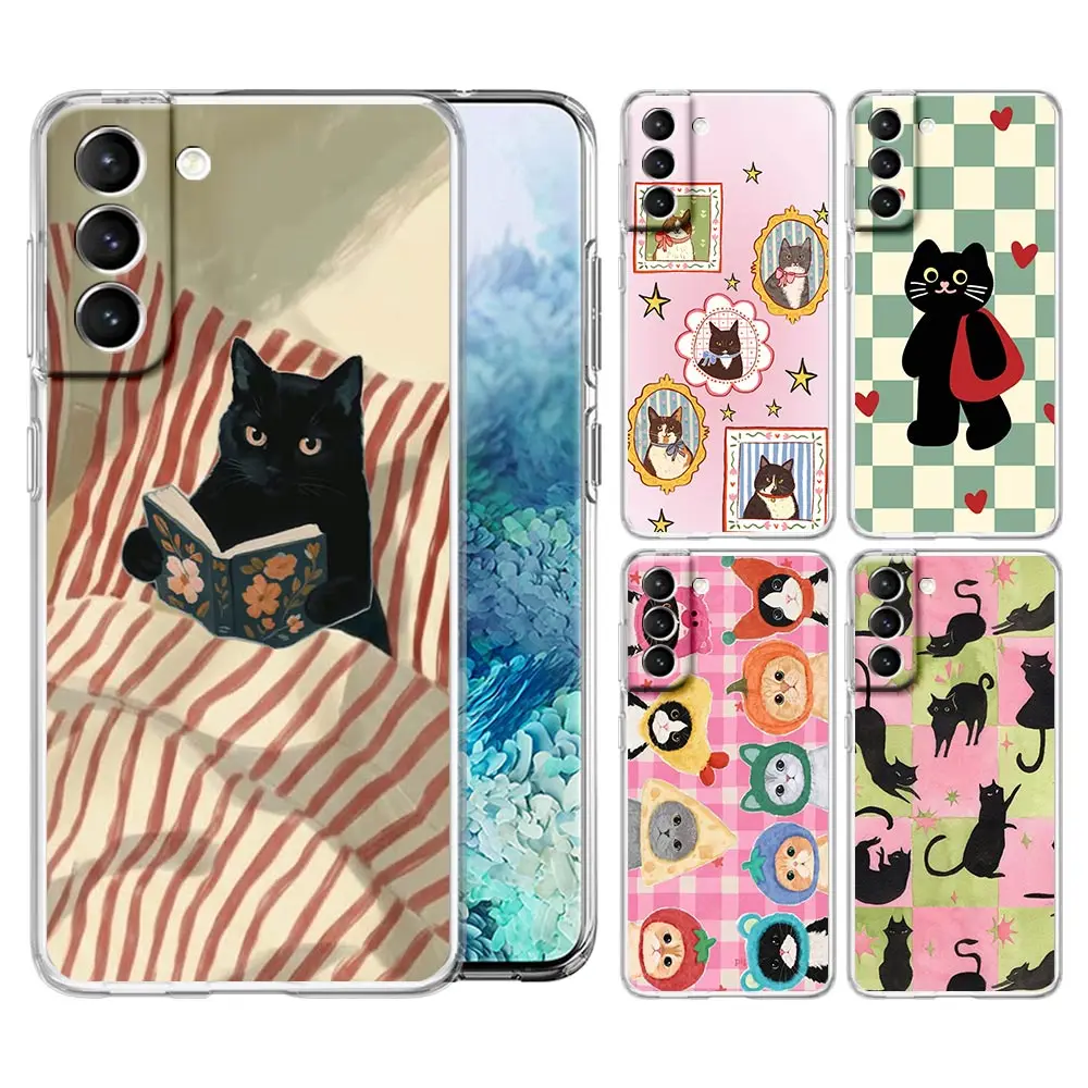Cute Black Cat Clear Phone Case For Samsung Galaxy S26 S25 FE S24 + S23 S22 S21 Ultra S20 5G S10E Plus Cover