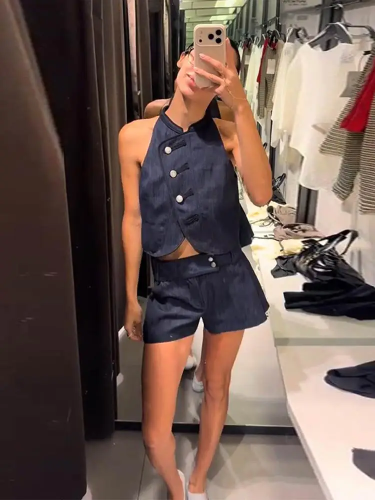 Neue sexy Damen-Partykleidung: Crop-Top mit seitlicher Knopfleiste, ärmellose Neckholder-Weste und Low-Waist-Shorts im Streetwear-Stil – Detail 23