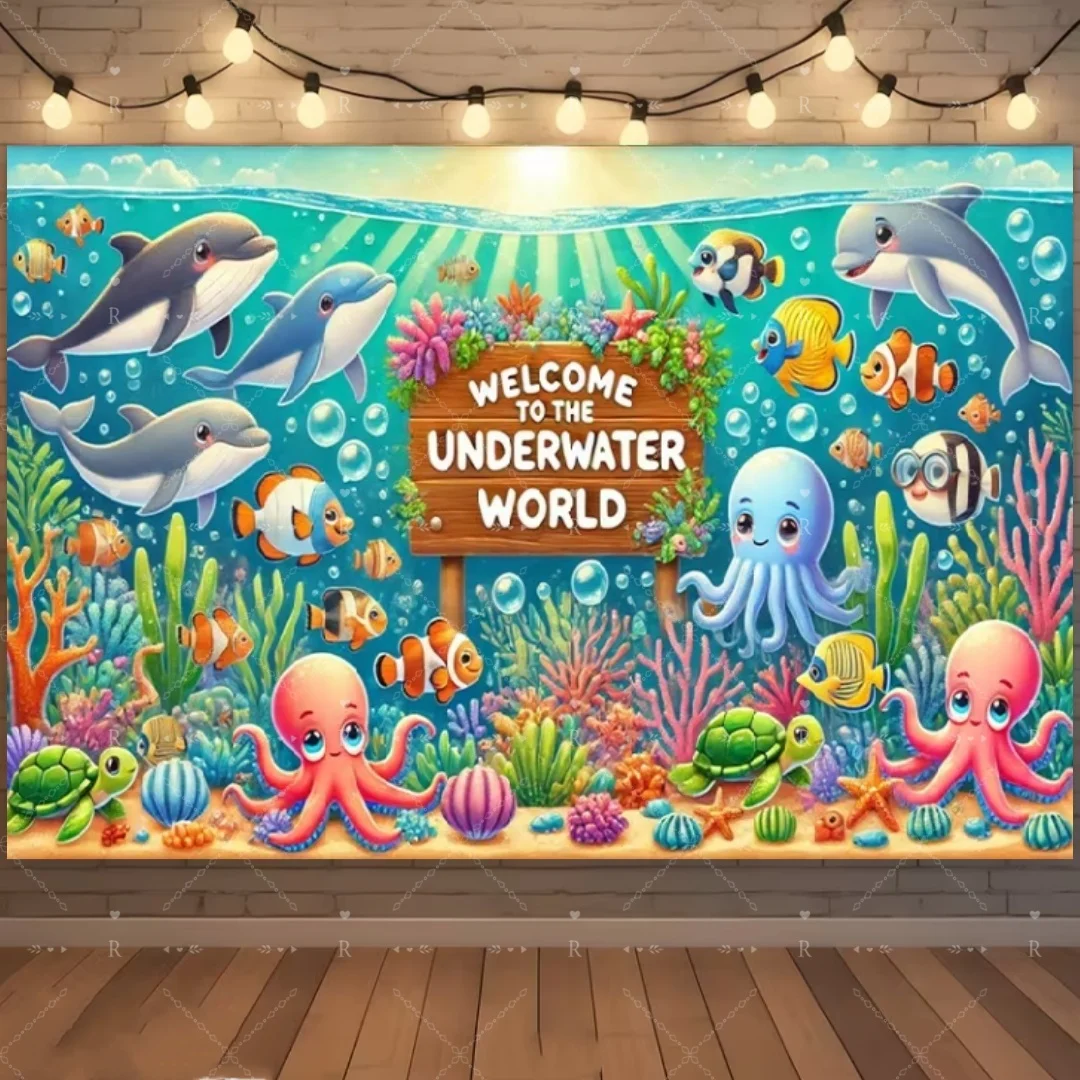 Cartoon Meerestiere Themen-Geburtstagsparty-Dekorationen Unterwasserwelt Delfin Walhai Hintergrund Kinder-Fotografie-Banner – Detail 5