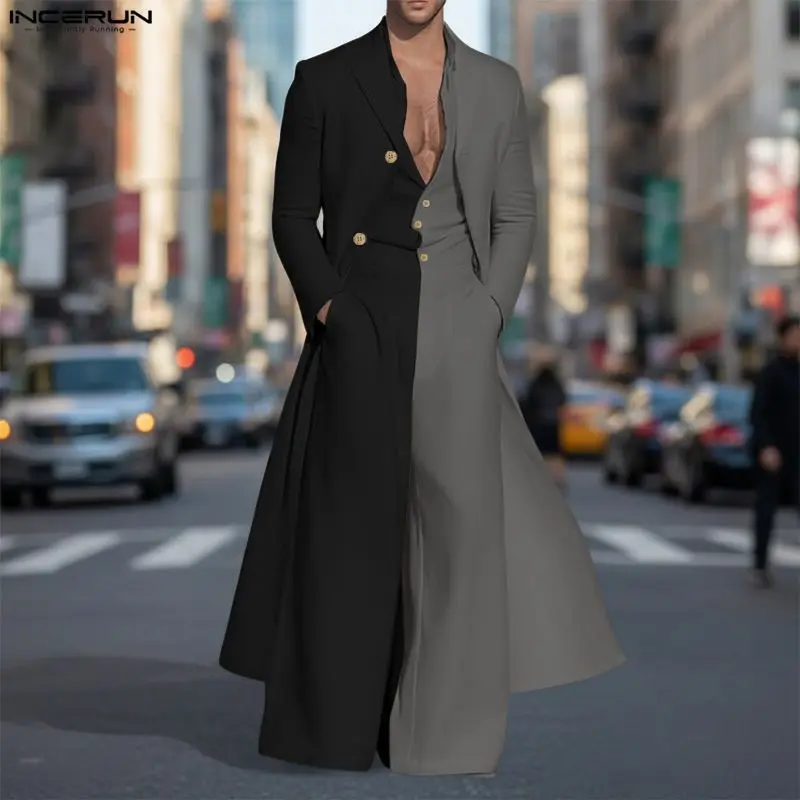 

INCERUN Men Sets Patchwork Color-block Lapel Long Sleeve Trench & Sleeveless Jumpsuits 2PCS Streetwear Fashion Men Casual Suits