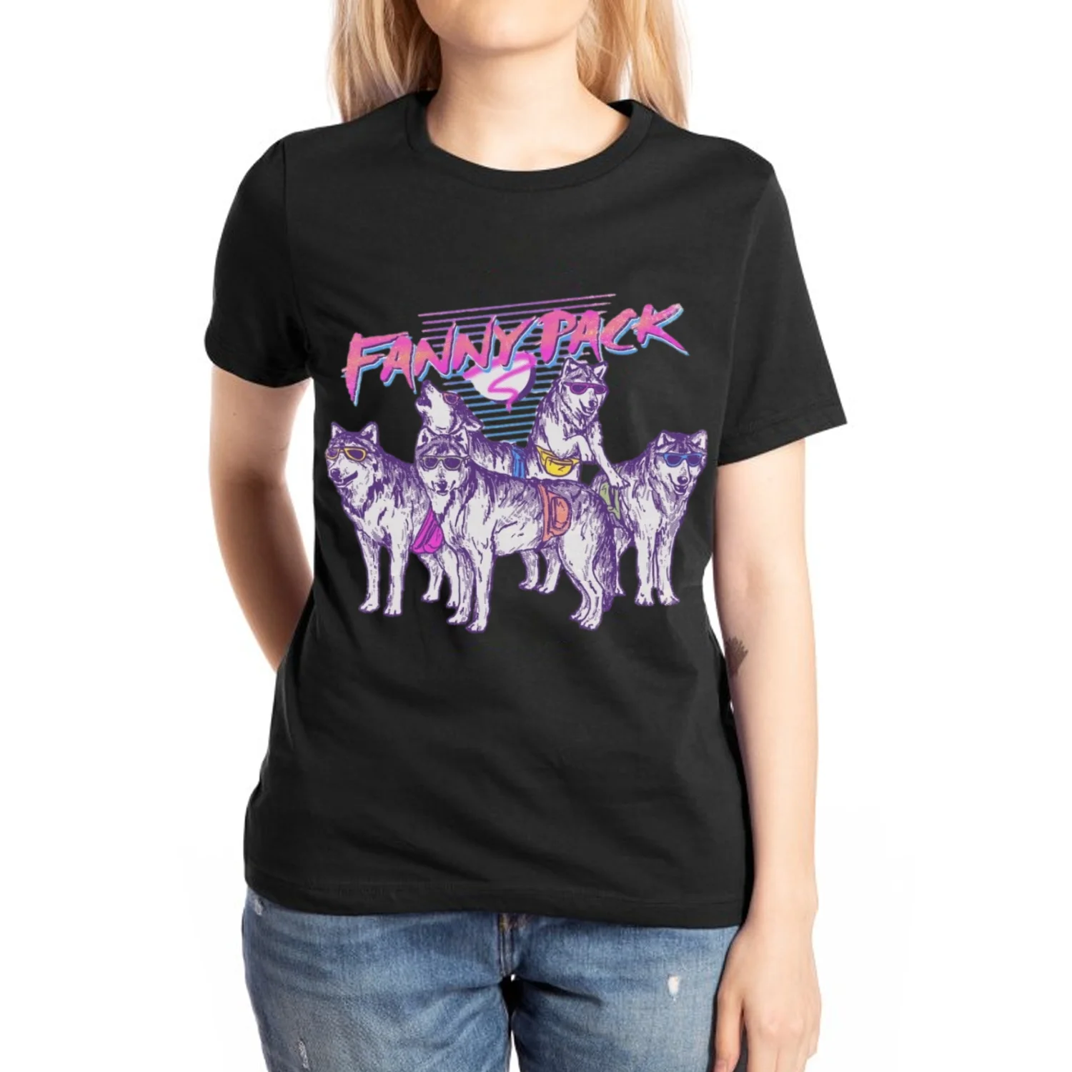 Street Hip-Hop Wolf Pack Print Women's Cotton T-Shirt Loose Oversized Short Sleeve Unisex Cool Boy Black And Pink Color Top