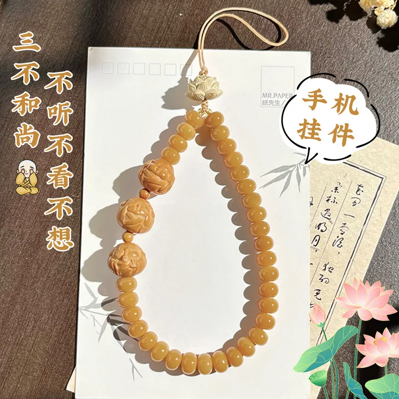Natural Weathered Bodhi Root Phone , Small Monk Design, Anti-Loss Bracelet, Bag Charm, Keychain, And Jewelry