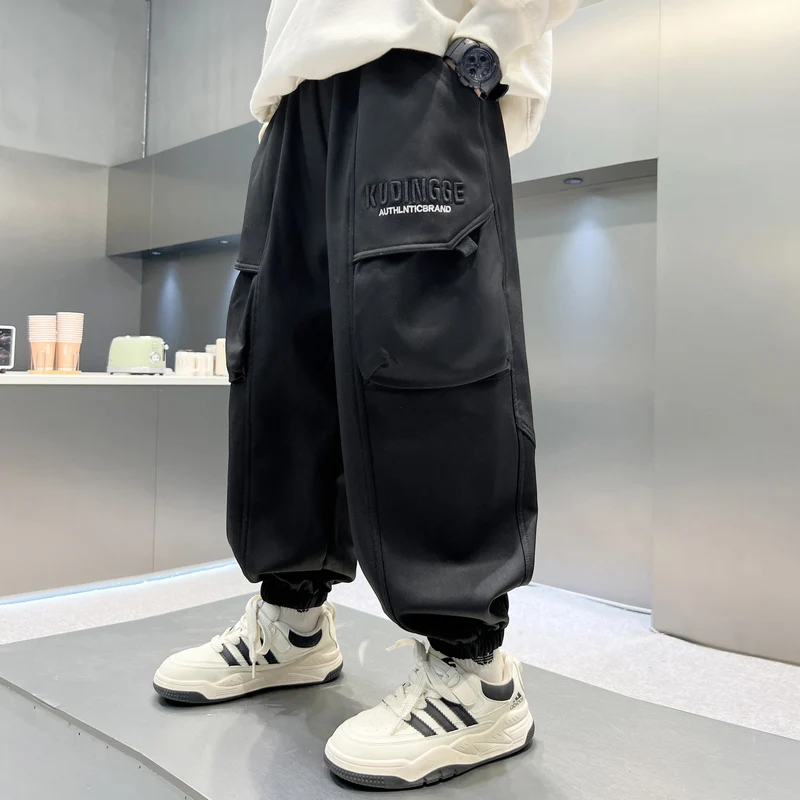 

Boys Fce Lined Sports Pants High Waist Loose Fit Cotton Workwear Trousers Trendy Autumn Winter Faion for Kids