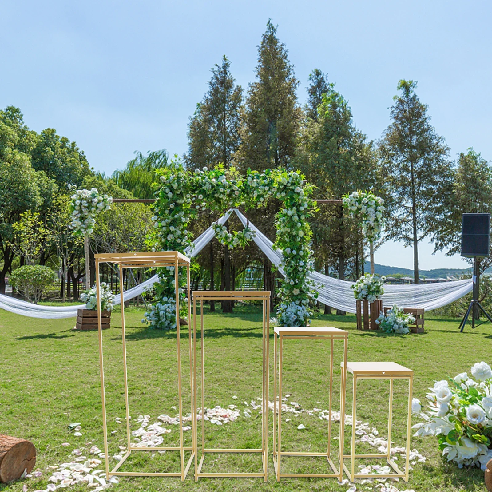 Soporte de suelo de flores dorado de 4 piezas, columna de Metal, arreglo de flores para fiesta de boda, centro de mesa de cena