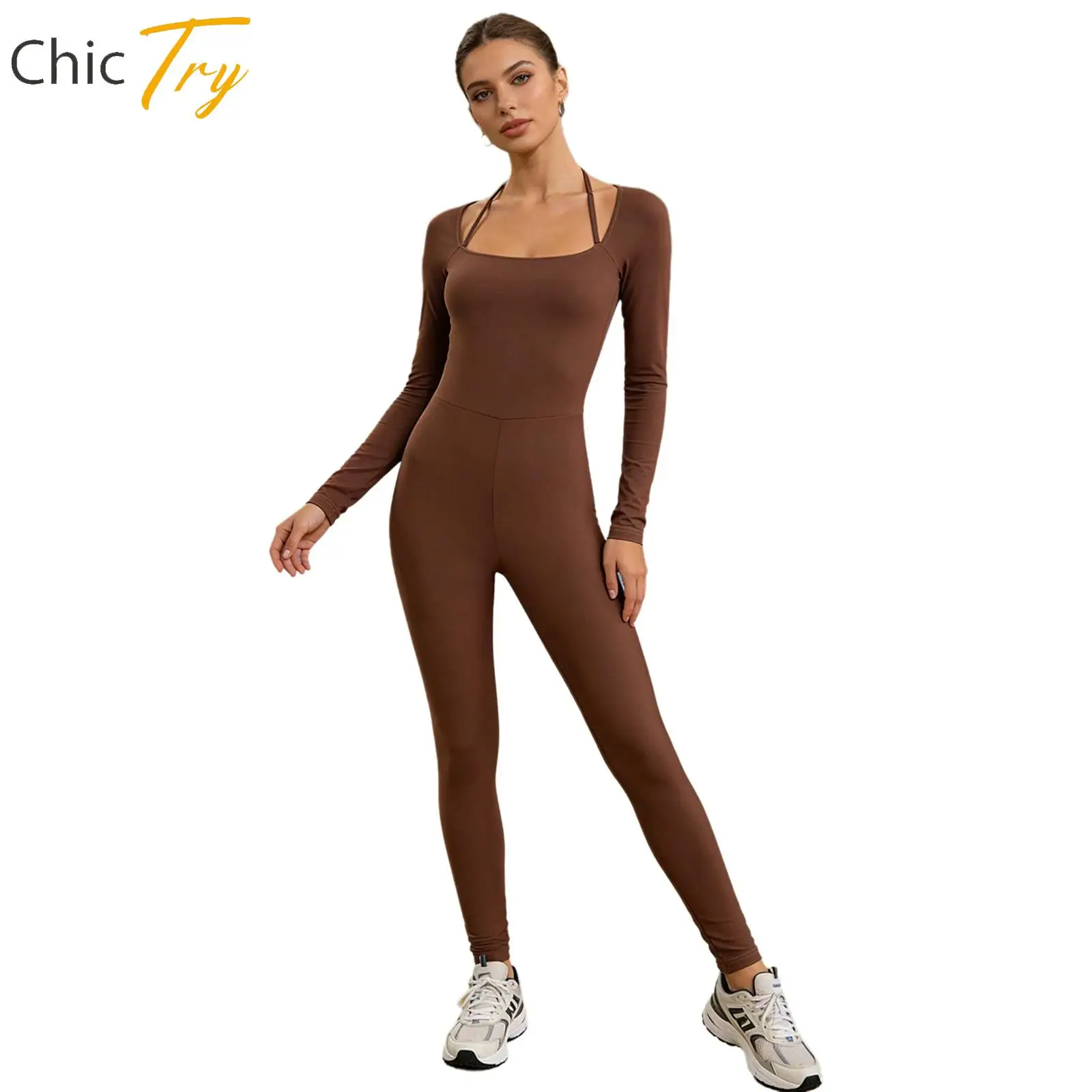 

Women Workout Jumpsuit Adjustable Halter Strap Sports Jumpsuit Long Sleeve Crotch Bodysuit Sportswear for Gym Cycling Running