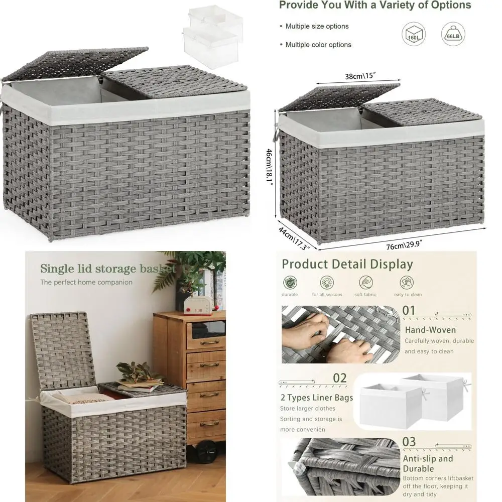 

Large Rattan Wicker Storage Basket with 2 Liners and Lid, 42.3 Gallon, Gray