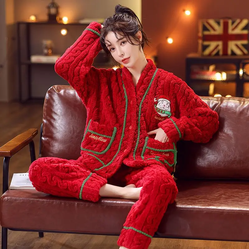 2024 Autumn/Winter New Santa Claus V-neck Flannel Pajamas Thick Loose Pajamas Women's Home Suit Simple and Comfortable To Wear