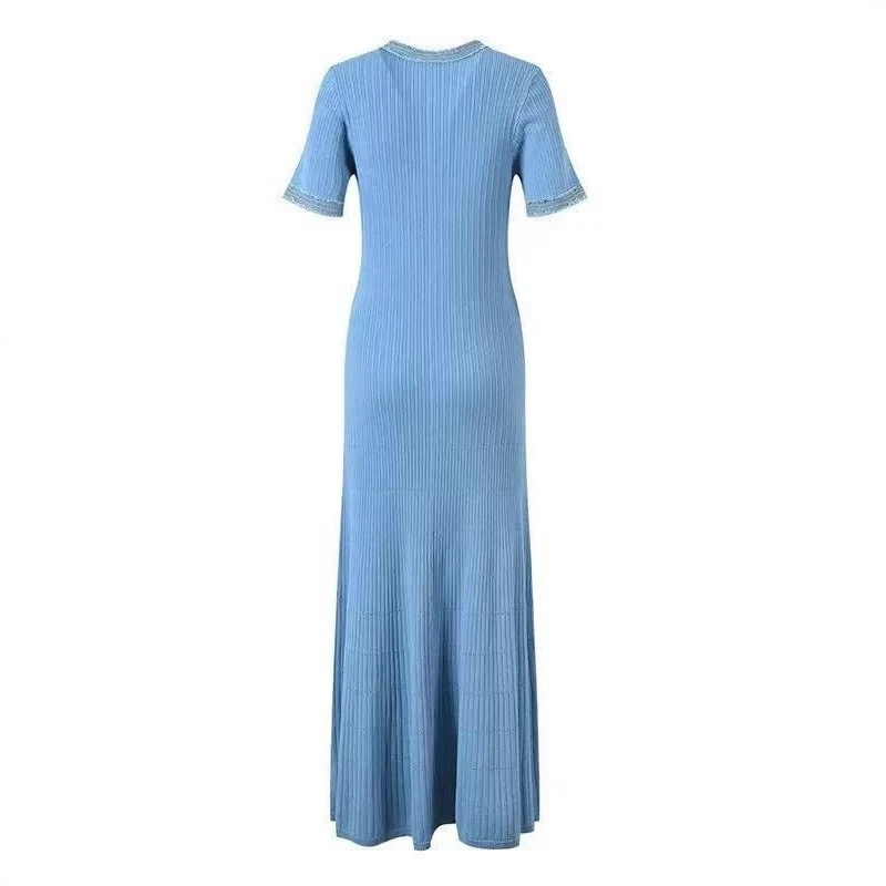 STYLISH LADY Denim Patchwork Knitted Dress 2025 Autumn Women Short Sleeve O Neck Button Bodycon Elegant OL Party Maxi Dresses