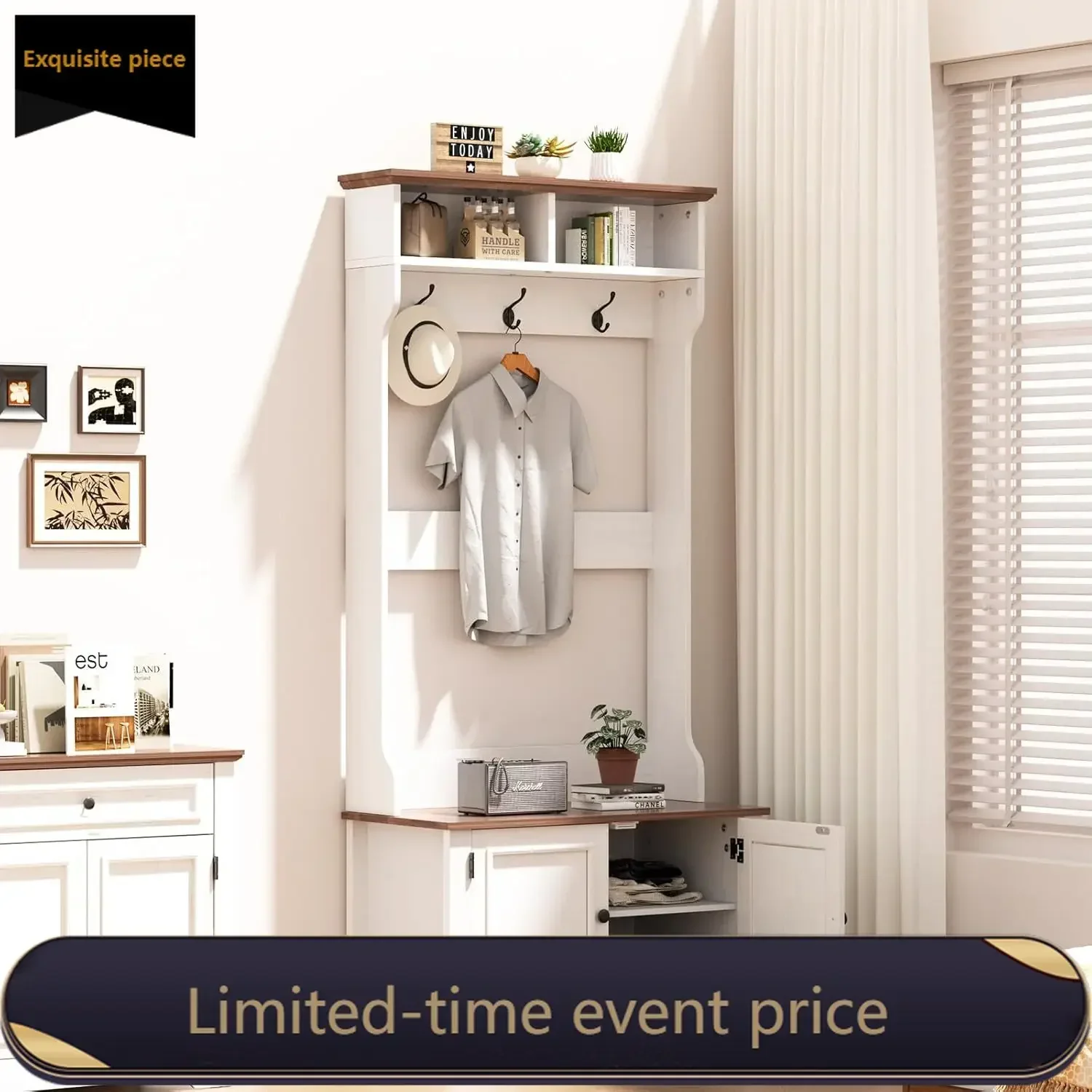 Hall Tree with Shoe Rack, 5-in-1 Farmhouse Coat Rack with Shoe Bench, Standing Shoe Storage with 3 Hooks for Front Door Entrance